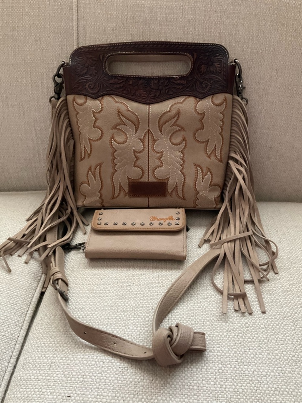 Wrangler Fringe Leather Crossbody Bag in Beige and Brown - Concealed Carry